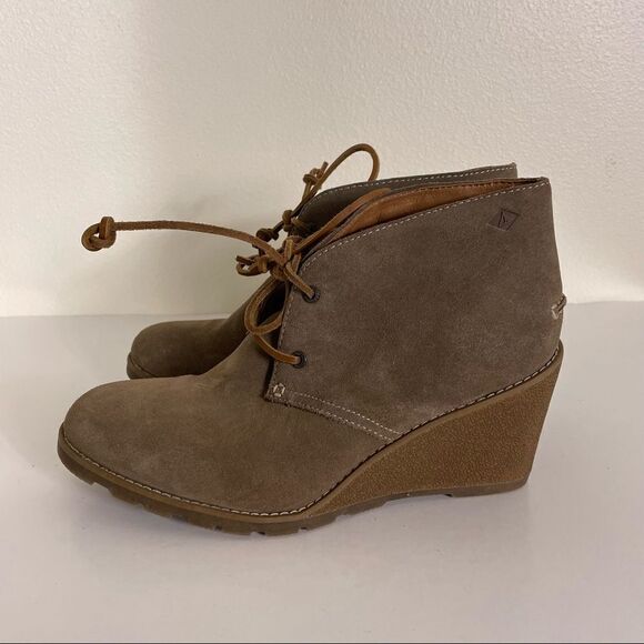 Sperry Top-Sider Tan Leather Lace Up Wedge Booties - Picture 1 of 9